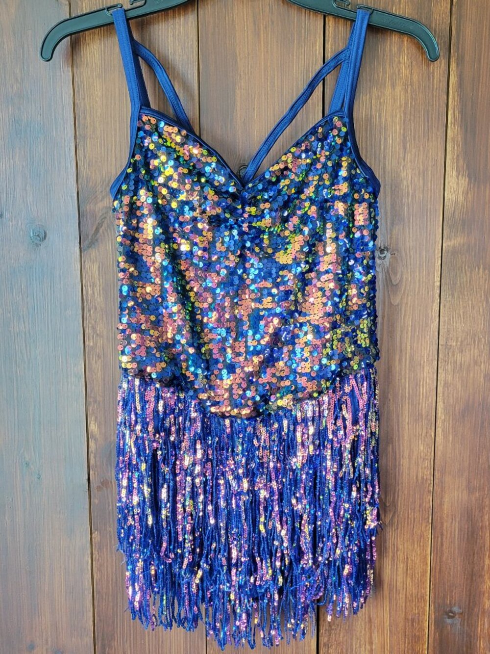 Weissman SA Hologram Sequin Fringe Leo Dress Blue Dance Showtime Costume 17056